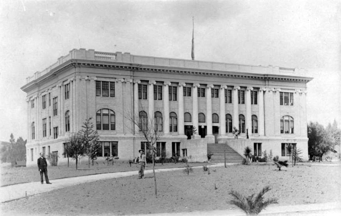 Water And Ociates 1908 Postcard View Showing South Pasadena High School Two Men Are Seen Posing In The Foreground