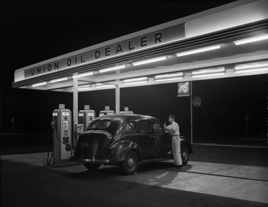 Nighttime Vintage Gas Station Photo, Hollywood, California, 1942