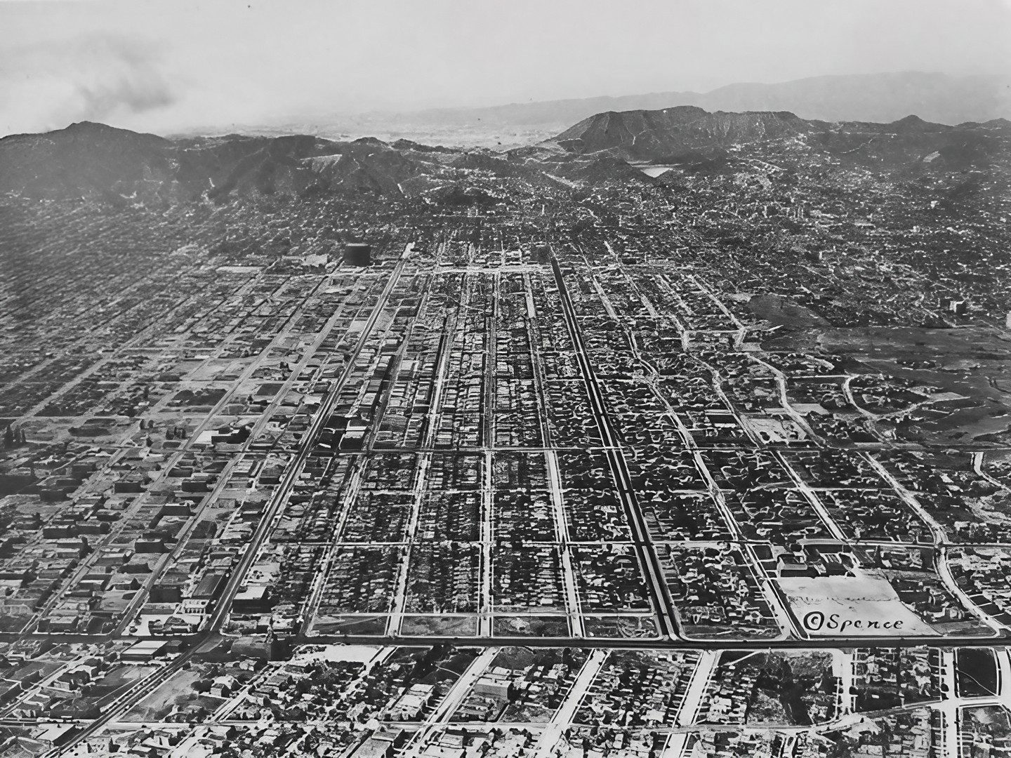 Photo postcard aerial view Hollywood CA c. 1930s by Robert Spence